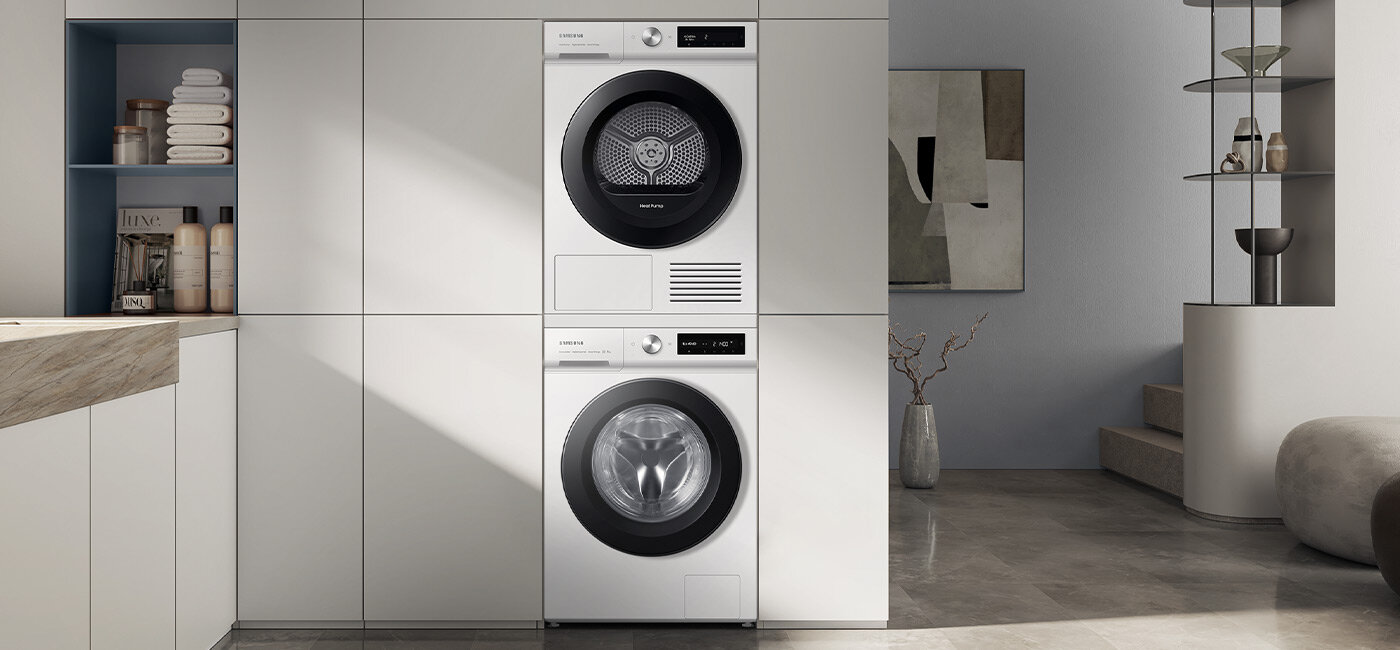 Suszarka Samsung BESPOKE AI DV90BB5245AWS6 najlepiej działa i prezentuje się wraz z pralką z tej samej serii