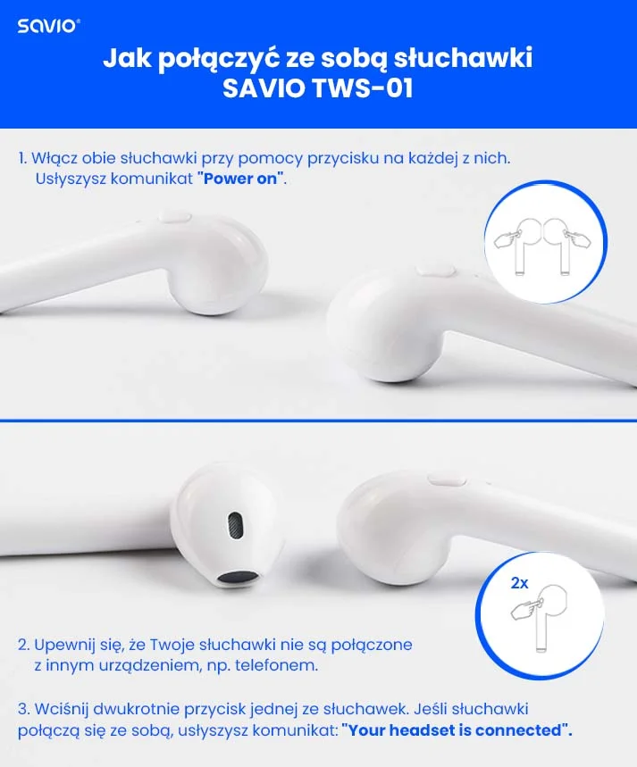 Bezprzewodowe słuchawki Bluetooth Savio TWS-01