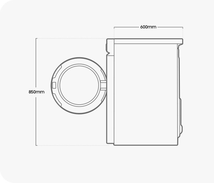 Rysunek techniczny przedstawiający najważniejsze wymiary suszarki Samsung BESPOKE