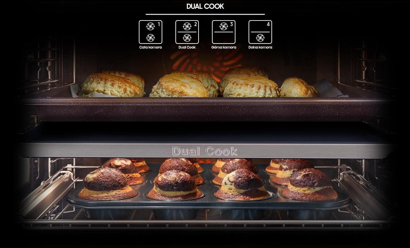 Na grafice pokazano dwa ciasta pieczone jednocześnie w oddzielnych strefach piekarnika Samsung NV7B44257AK dostępnego w sklepach Media Expert oraz schemat działania komory Dual Cook