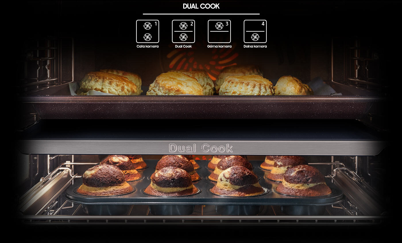 Zdjęcie podzielonej na dwie strefy komory piekarnika pokazuje sposób działania funkcji Dual Cook
