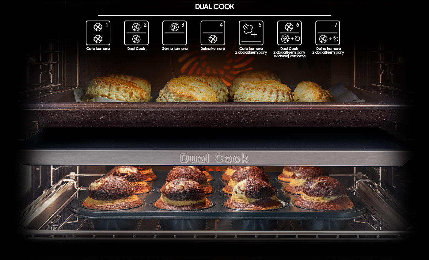 Na zdjęciu widać dwa różne ciasta pieczone w odmiennych temperaturach i trybach dzięki funkcji Dual Cook w piekarniku Samsung NV7B5660RAK z oferty sklepów Media Expert