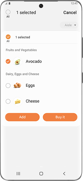 Zrzut ekranu z aplikacji SmartThings pokazuje przykładową listę zakupów