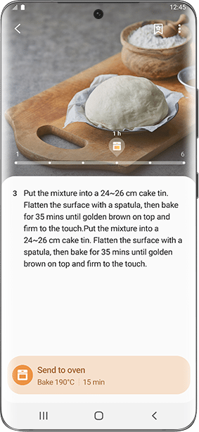 Zrzut ekranu z aplikacji SmartThings pokazuje szczegóły przepisu wraz z możliwością przesłania sposobu pieczenia bezpośrednio do piekarnika