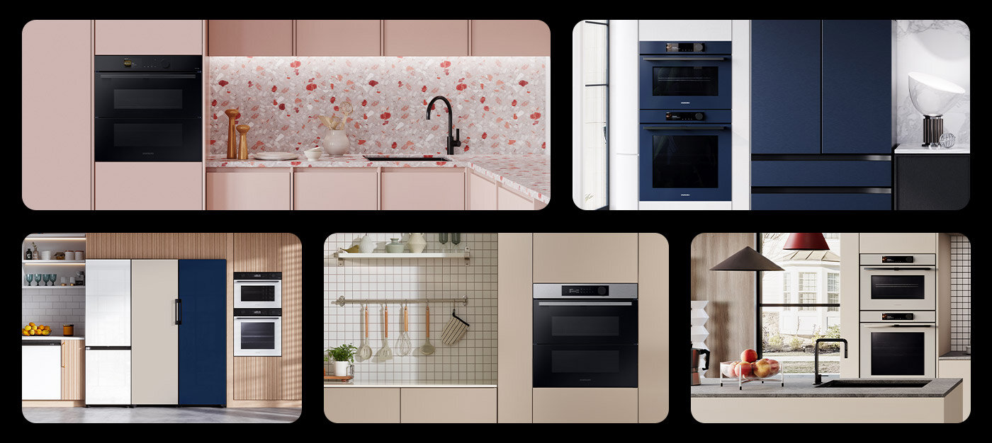 Seria zdjęć pokazuje różne aranżacje wnętrz kuchennych z wykorzystaniem piekarnika Samsung NV7B5660RAK dostępnego w ofercie sklepów Media Expert