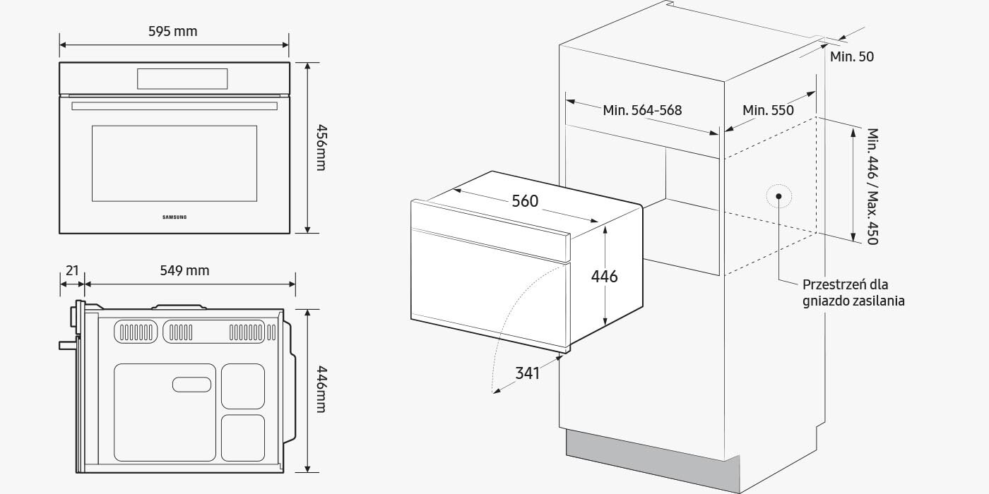 Szczegółowe przedstawienie najważniejszych wymiarów kuchenki mikrofalowej do zabudowy NQ5B4313GBW 