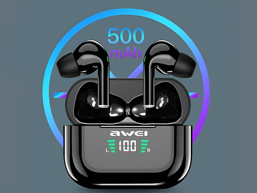 Słuchawki dokanałowe AWEI T29P pojemność baterii 500 mah, 8 godzin rozmów, 7 godzin muzyki, ładowanie 2 godziny, zasięg Bluetooth do 10 metrów, czuwanie do 300 godzin, port USB-C