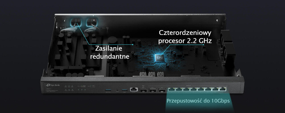 Router TP-LINK Omada ER8411 czterordzeniowy procesor z prędkością taktowania 2,2GHz efektywnością i szybkością zasilanie redundantne