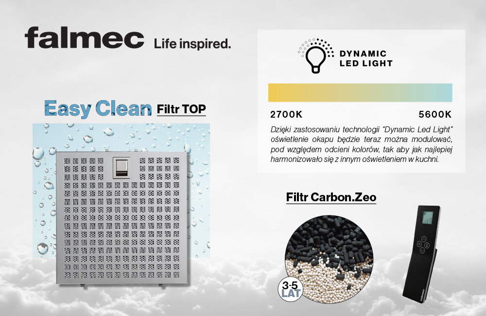FALMEC Grupa silnikowa NRS 50 metalowy filtr easy clean carbon regeneracja dynamic led light sterowanie oświetlenie odcień kolor