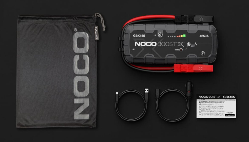Urządzenie rozruchowe NOCO Boost X GBX155 zestaw kabel USB-A/USB-C etui kable rozruchowe kabel USB-C do gniazda zapalniczki 12V dokumentacja