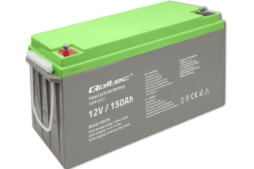 Akumulator QOLTEC Deep Cycle 53078 150Ah 12V żywotność bateria wspomaganie waga wymiary przenośny