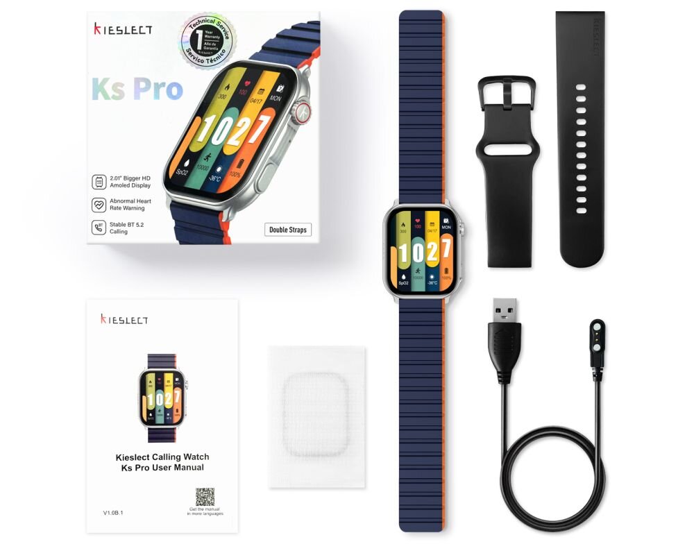 Smartwatch KIESLECT KS Pro   ekran bateria czujniki zdrowie sport pasek ładowanie pojemność rozdzielczość łączność sterowanie krew puls rozmowy smartfon aplikacja 