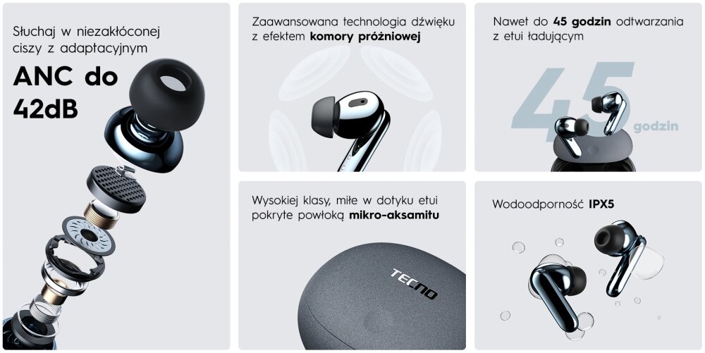 Słuchawki dokanałowe TECNO True 1 design komfort lekkość dźwięk jakość wrażenia słuchowe ergonomia lekkość sport aktywność podróże czas pracy działanie akumulator