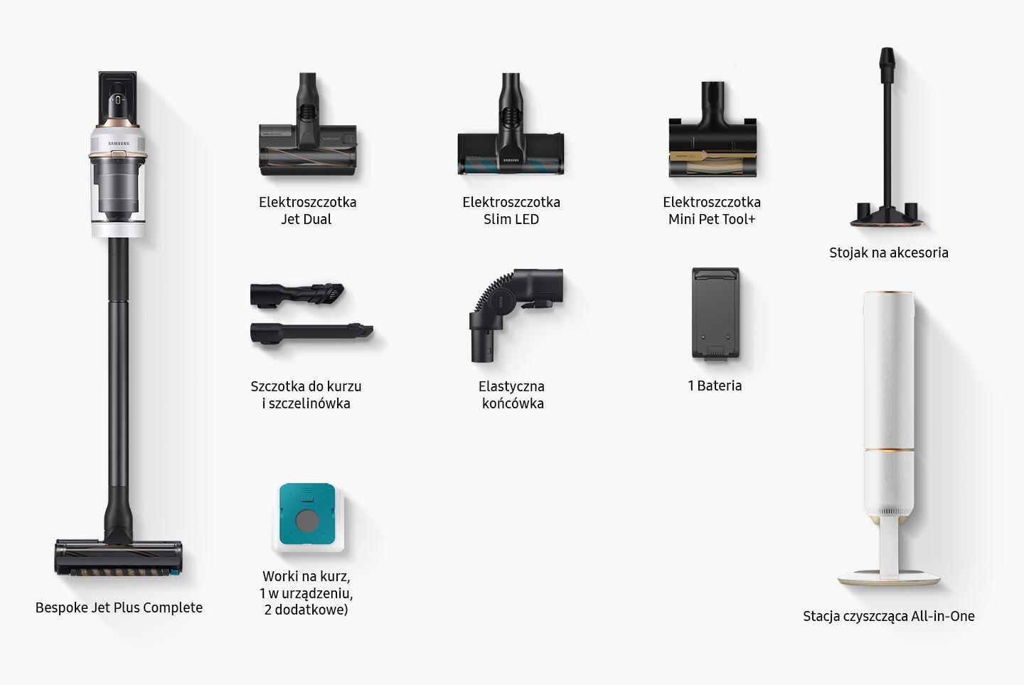 Zdjęcie ze wszystkimi elementami i akcesoriami, które są załączone do zestawu: Samsung