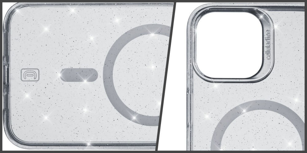 Etui CELLULARLINE Sparke Magsafe do Apple iPhone 15 Przezroczysty zaawansowana ochrona błyszczące wykończenie z drobinkami brokatu unikalny styl skuteczna ochrona