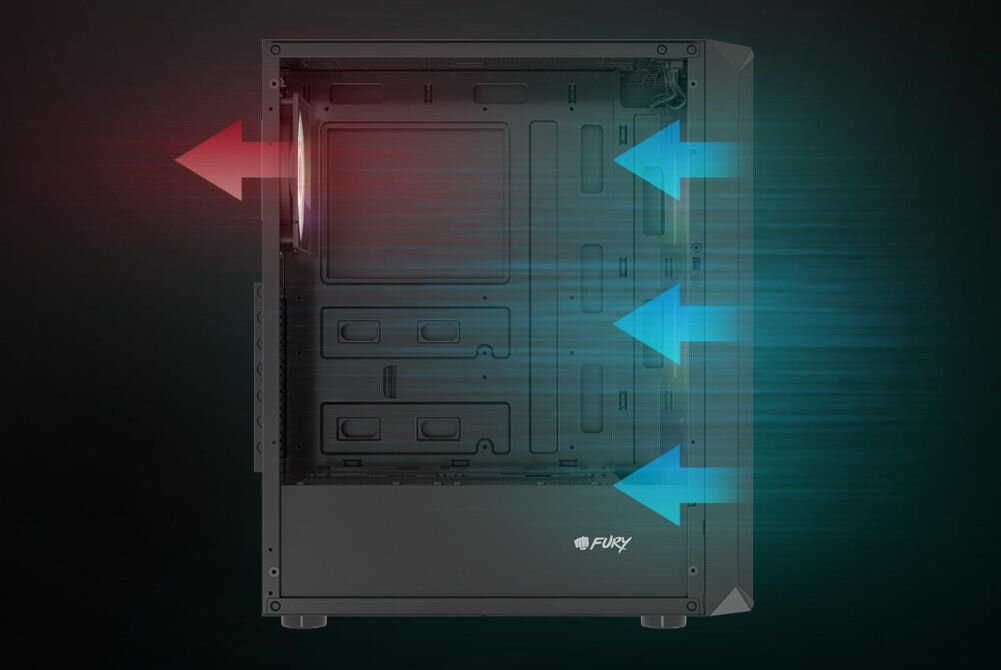 Obudowa FURY Shobo SH4F RGB wydajne efektywne chłodzenie cztery wentylatory PWM 120 mm 3 z przodu, 1 z tyłu otwarty panel górny front typu mesh chłodzenie powietrzne CPU do 161 mm oraz do 8 wentylatorów