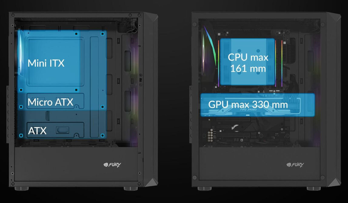 Obudowa FURY Shobo SH4F RGB przemyślana konstrukcja kompatybilna z płytami głównymi ATX micro-ATX mini-ITX miejsce chłodzenie CPU do 161 mm karta graficzna do 330 mm 3 dyski HDD / SSD