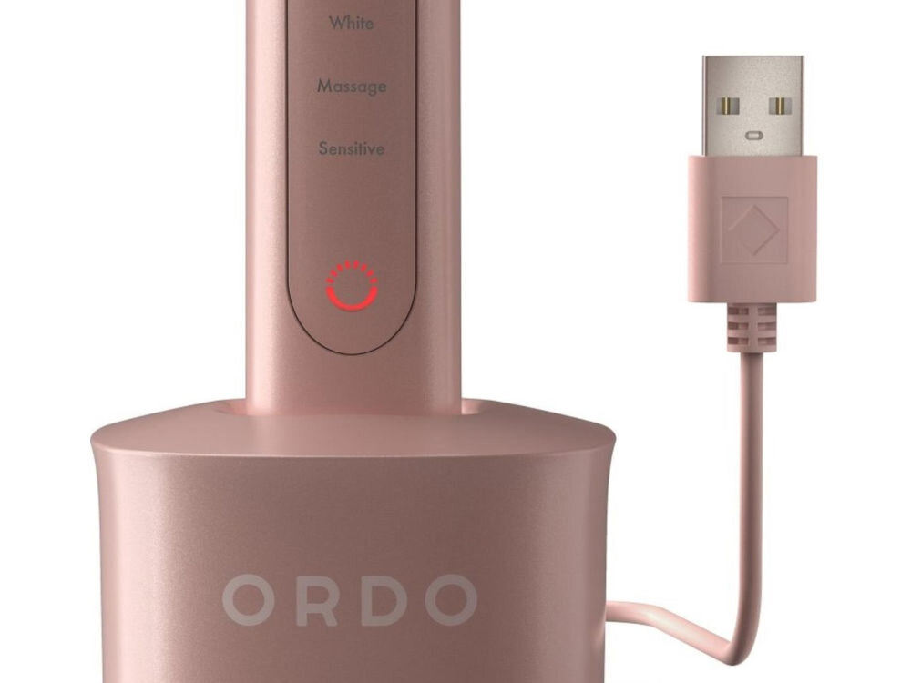 Szczoteczka soniczna ORDO Sonic+ Różowe złoto wydajny akumulator litowo-jonowy około 3 tygodni pracy jedno ładowanie 480 min ładowarka indukcyjna ze złączem USB-C wygodne szybkie ładowanie wodoodporna konstrukcja IPX 7 bezpieczne użytkowanie 