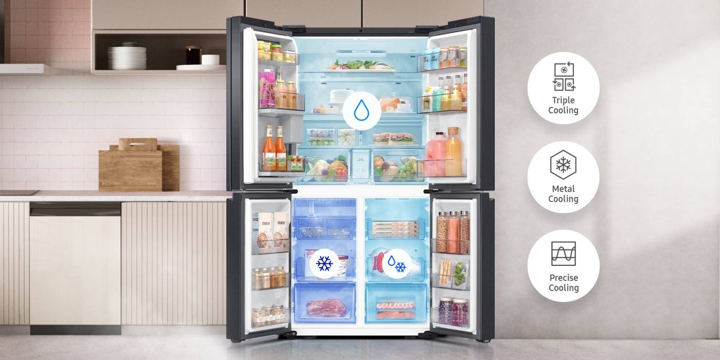 w lodówce Samsung AI Family Hub™ RF65DG9H0EB1EO produkty dłużej zachowują świeżość dzięki Triple Cooling, Metal Cooling i Precise Cooling