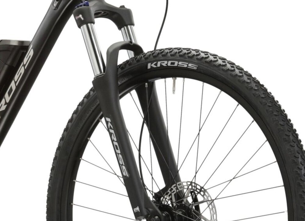 Rower elektryczny KROSS Esprit Boost 1.0 M19 29 cali męski Czarny rower typu hardtail przedni amortyzator marki SR Suntour typ XCT30 HLO 100 mm ulatwia najezdzanie na przeszkody niweluje wstrzasy