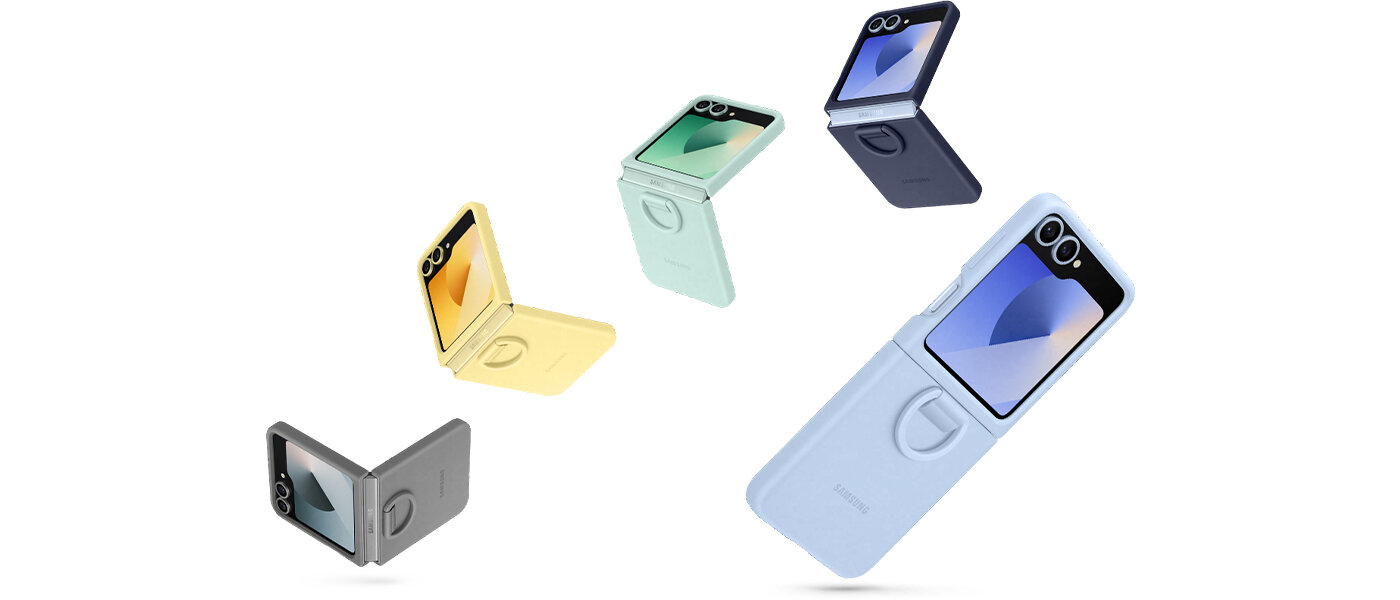 Pięć telefonów Galaxy Z Flip6 jest pokazanych w różnych pozycjach, a wszystkie z nich prezentują etui Silicone Case w zabawny i stylowy sposób. Każde etui jest w innym kolorze. Kolory to szary, granatowy, niebieski, żółty i miętowy.