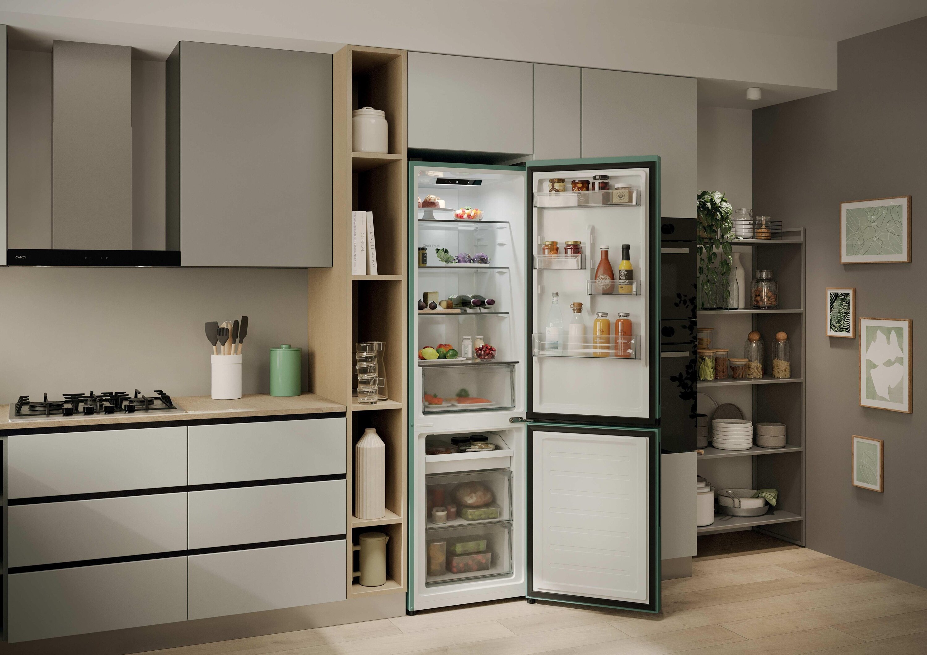 c Lodówka CANDY CNCQ2T518EG No Frost zielona o szerokości 55cm cena